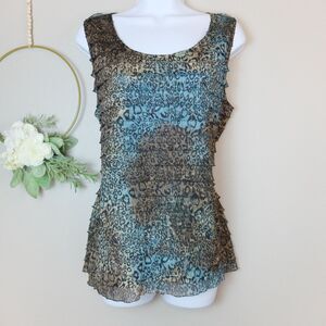 Chico's Sleeveless Leopard Print Ruffle Tiered Top in Teal and Brown